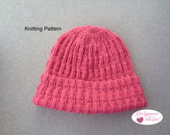 Textured Beanie Hat Knitting Pattern, Worsted Yarn, Easy Knit Ribbed Hat with Brim, Child Women Men