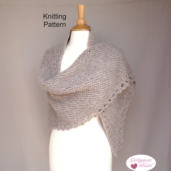 Garter Stitch Shawl with Lace Edging, Knitting Pattern, Worsted Chunky Yarn, Shoulder Wrap, Prayer Comfort