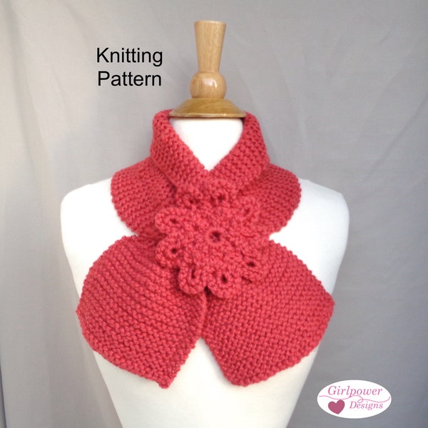 Neck Warmer with Flower Accent Knitting Pattern, Girls & Women, Cowl Scarf Keyhole, Chunky Knit