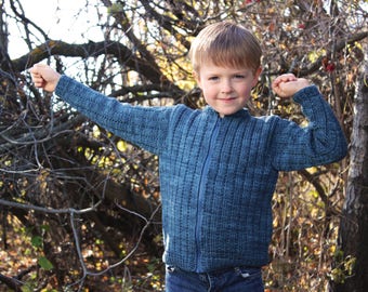 Boys Zip Up Sweater Knitting Pattern, Rib Pattern, Long Sleeves, Size 1 2 4 6 8 10 12 14, Worsted Aran Yarn, Boys Cardigan