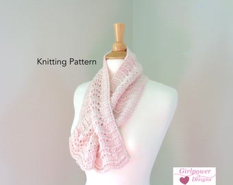 Keyhole Scarf Knitting Pattern, Scallop Lace, Easy Knit Pattern, Worsted Aran Yarn, One Skein Scarf, Neck Warmer Cowl Scarf