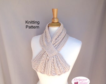 Keyhole Scarf with Cables Knitting Pattern, Pull Through Neck Warmer, Worsted Yarn, Women&#39;s Cowl Scarf with Ends