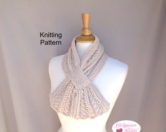 Keyhole Scarf with Cables Knitting Pattern, Pull Through Neck Warmer, Worsted Yarn, Women's Cowl Scarf with Ends