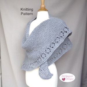 Garter Stitch Shawl with Diamond Lace Edge, Knitting Pattern, Top Down Triangle, Thick Cozy Shawl Wrap