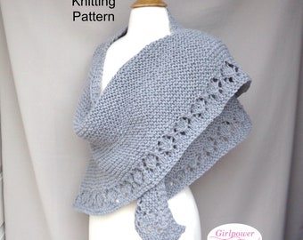 Garter Stitch Shawl with Diamond Lace Edge, Knitting Pattern, Top Down Triangle, Thick Cozy Shawl Wrap