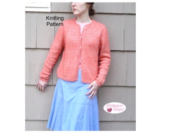 Top Down Cardigan with Set in Sleeves, Seamless Sweater Knitting Pattern, Sport & Mohair Yarn, DK Weight, Crew Neck, Womens Size