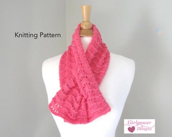 Scallop Lace Keyhole Scarf Knitting Pattern, Pull Though Neck Warmer, Easy Knit, Worsted Yarn, Feather and Fan