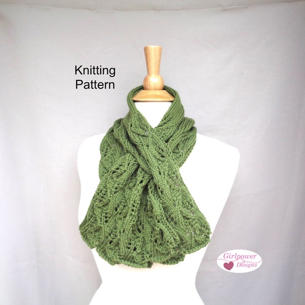 Keyhole Scarf with Leaf Lace Design Knitting Pattern, Pull Through Neck Warmer, Elegant Fashion, Worsted DK Yarn