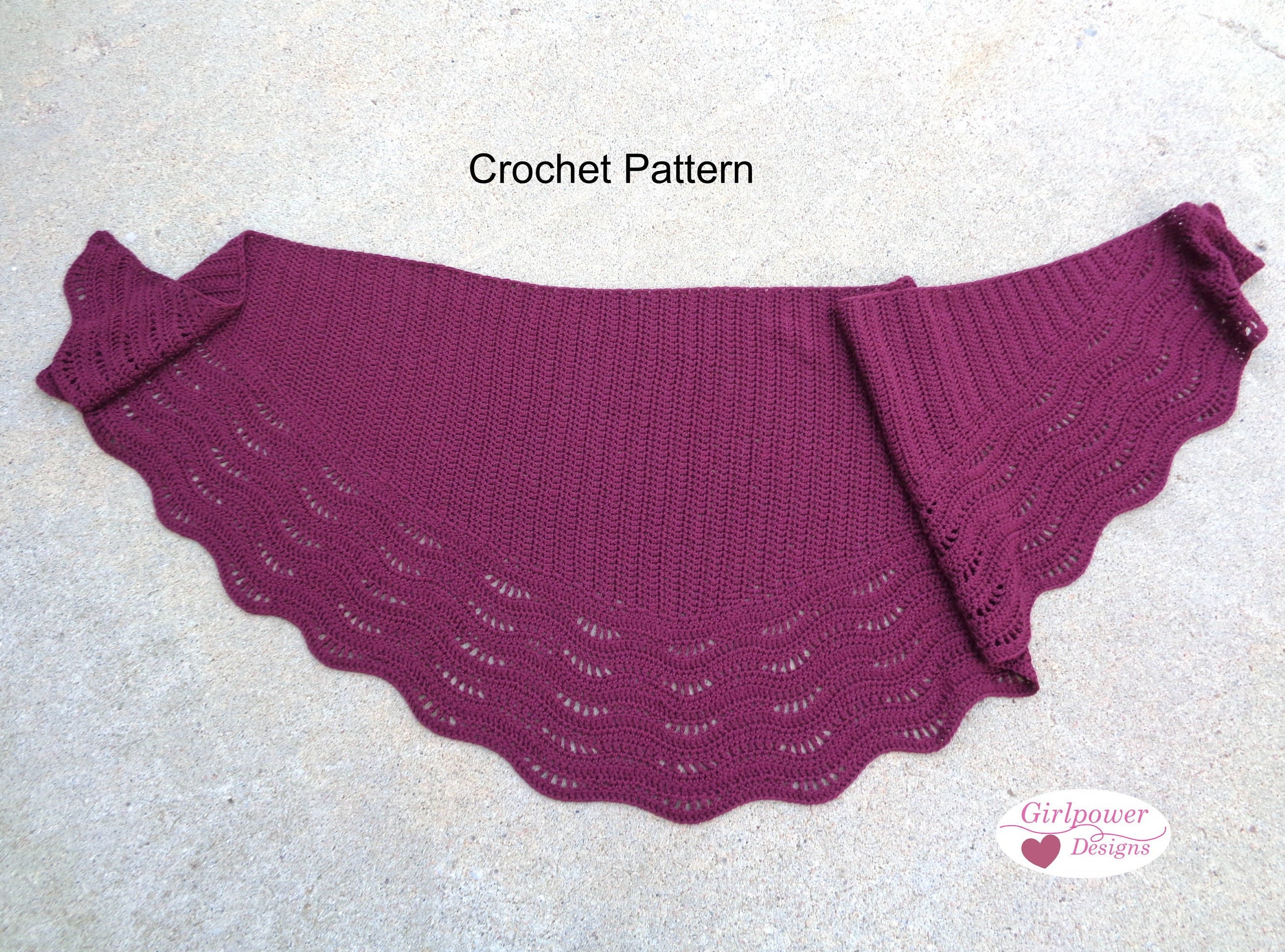 Half Circle Shawl Crochet Pattern with Scallop Lace Border, Sport DK Yarn, Large Scarf Wrap Prayer Shawl