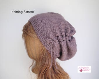 Drawstring Slouch Hat Knitting Pattern, Gathered Hat, Slouchy Beanie, Women Teen Girls Trendy Chic Fashion