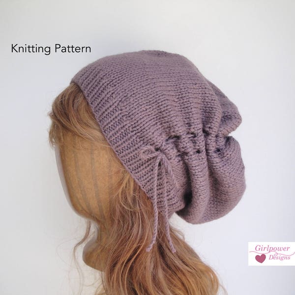 Drawstring Slouch Hat Knitting Pattern, Gathered Hat, Slouchy Beanie, Women Teen Girls Trendy Chic Fashion