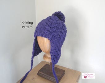 Earflap Hat Knitting Pattern, Super Bulky Yarn, Quick Easy Knit, Ear Warmer Hat with Pom Pom, Horseshoe Cables, Teens Adults