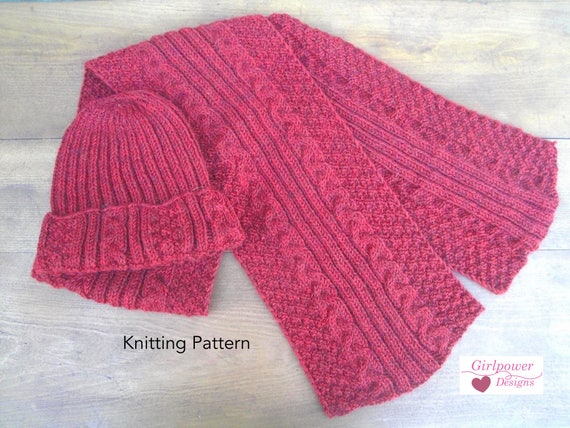 Hat Scarf Set With Cable Rib Texture Knitting Pattern Easy Cables Rib Moss Men Women Worsted Yarn Maple Leaf
