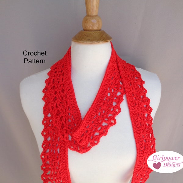 Open Lace Skinny Scarf, Easy Intermediate Crochet Pattern, One Skein, Mesh Lacy Lengthwise