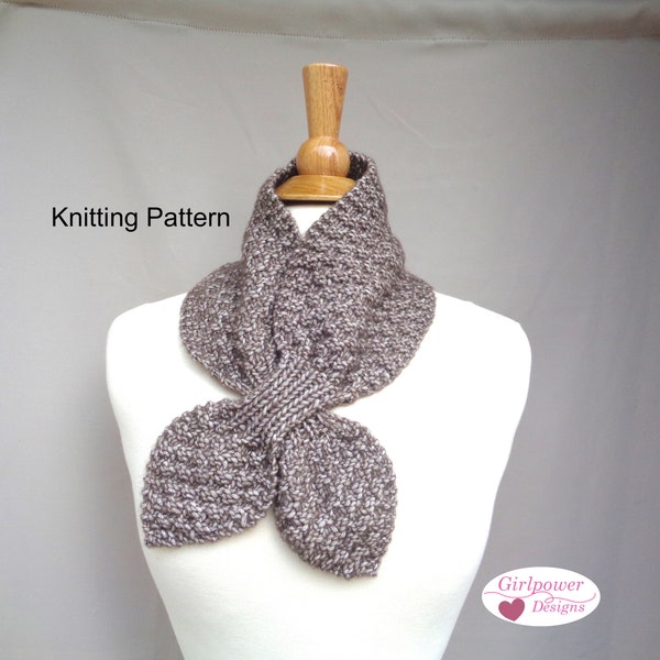 Box Stitch Ascot Scarf Knitting Pattern, Easy Neck Warmer Bow Scarf, Worsted Aran Yarn, Women & Teen Girls