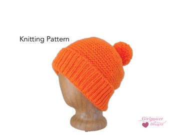 Pom Pom Hat with Brim, Easy Knit Pattern, Kids Teens Women Men, Knitting Pattern, Chunky Yarn, Ribbing Garter Stitch, Warm Hat