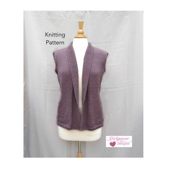 Drape Front Vest Knitting Pattern, Shawl Collar, Sleeveless Cardigan, Sweater Vest, Womens XXS XS S M L Xl XXl, Worsted DK yarn