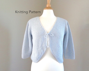 Bolero Shrug Knitting Pattern, Cropped Cardigan Sweater, Curved Fronts, Quarter Sleeves, Tie Front, DK Worsted Yarn, Women Teen Girls