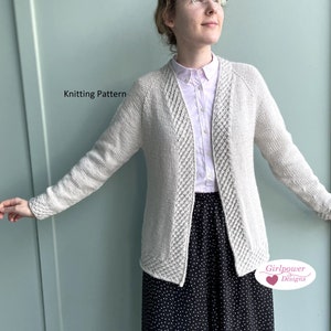 May include: A light beige knitted cardigan with a textured border design. The open-front sweater has long sleeves and is part of a knitting pattern. The text "Knitting Pattern" is visible in the image.