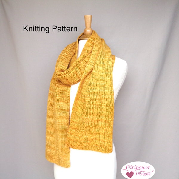 Ribbed Scarf with Cable Border Knitting Pattern, Sport Weight Yarn, Men Women Long Wide Scarf