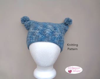 Knit Hat Pattern for Kids, Jester Hat with Pom-poms, Kitty Ear Hat, Winter Beanie, Worsted Yarn, Baby Toddler Child Tween Teen