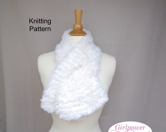 Faux Fur Neck Warmer Scarf Knitting Pattern, Pull Through Keyhole Scarf, Super Chunky Furry Yarn, Quick Easy Knit