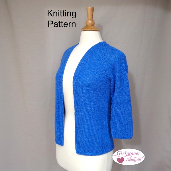 Slip On Cardigan Knitting Pattern, 3/4 Raglan Sleeves, Back Tuck, Open Front Stockinette Ribbing, Alpaca Lace Sport Yarn