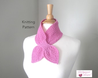 Moss Stitch Ascot Scarf Knitting Pattern, Easy Knit Neck Warmer Bow Scarf, DK Worsted Yarn, Women & Teen Girls