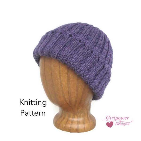Women's Beanie Hat Easy Knit Pattern, Easy Hat Pattern, Eyelet Pattern, Watch Cap, Girls Teens Women Basic Hat Pattern, Knitting Pattern