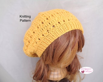 Slouch Hat with Stitch Details Knitting Pattern, Worsted Yarn, Easy Knit, Slouchy Beanie Cap, Eyelets Ribbing