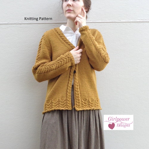Cardigan Sweater with Cable Accents, Cute Thick Winter Style, Aran Weight Yarn, Women's XXS-3X, Long Sleeves Partial Button