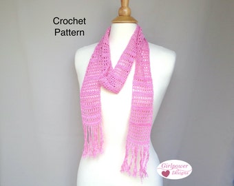Skinny Scarf with Graduated Mesh Lace, Crochet Pattern, Easy Crocheting, Fingering Yarn, Long Scarf with Fringe