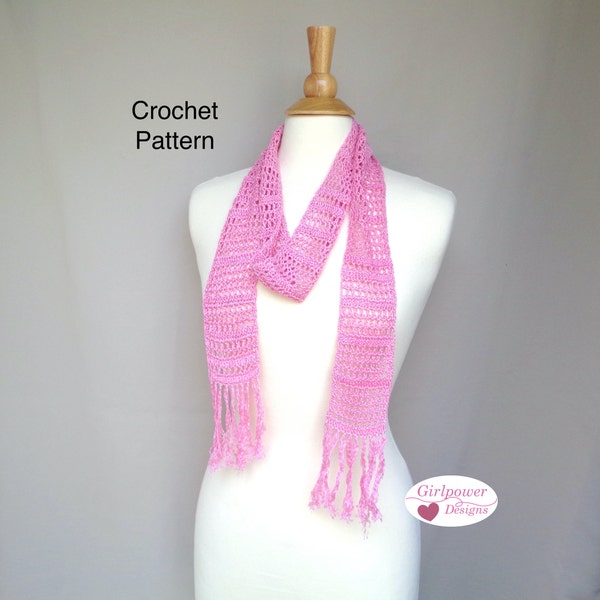Skinny Scarf with Graduated Mesh Lace, Crochet Pattern, Easy Crocheting, Fingering Yarn, Long Scarf with Fringe