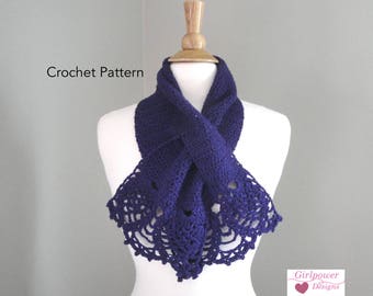 Crochet Pattern, Keyhole Scarf with Lacy Edging, DK Weight Yarn, Pull Through Scarf, Frilly Neck Scarf, Easy Intermediate Skill