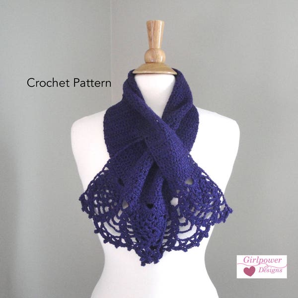 Crochet Pattern, Keyhole Scarf with Lacy Edging, DK Weight Yarn, Pull Through Scarf, Frilly Neck Scarf, Easy Intermediate Skill