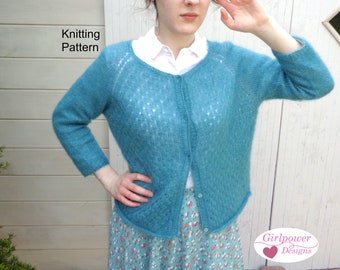 Eyelet Stitch Cardigan Knitting Pattern, Raglan Sleeves, Mohair Yarn, Wide Neck, Relaxed Fit, Womens XXS XS S M L XL 2X 3X