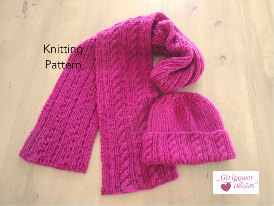 Cable Hat and Scarf Knitting Pattern, Chunky Yarn, Watch Cap Beanie Hat ...