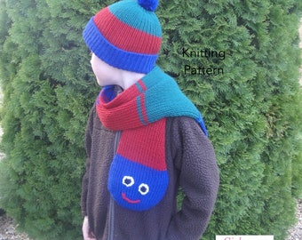 Caterpillar Hat & Scarf Knitting Pattern, Pom Pom Hat, Funny Striped Scarf, Worsted Yarn, Boys and Girls, Beanie Hat, Kids Winter Set