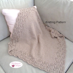 Baby Blanket Knitting Pattern, Leaf Border, Lace Pattern, Worsted Aran Yarn, Unisex Girl Boy, Nature Theme Nursery, 3 Sizes