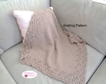 Baby Blanket Knitting Pattern, Leaf Border, Lace Pattern, Worsted Aran Yarn, Unisex Girl Boy, Nature Theme Nursery, 3 Sizes