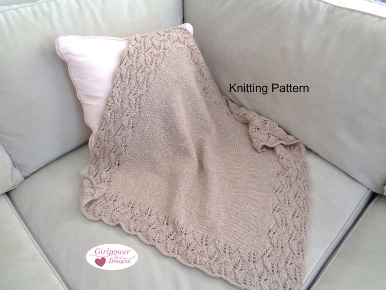 Baby Blanket Knitting Pattern, Leaf Border, Lace Pattern, Worsted Aran Yarn, Unisex Girl Boy, Nature Theme Nursery, 3 Sizes immagine 1