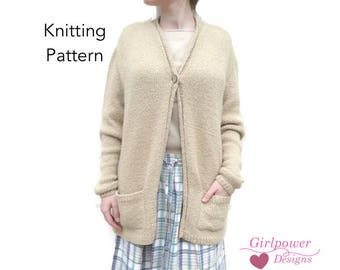 One Button Cardigan Knitting Pattern, Long Sweater, Worsted Aran Yarn, Womens XXS XS S M L XL XXl, Relaxed Fit