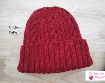 Classy Cable Hat PDF Knitting Pattern, Worsted Wool Yarn, Watch Cap Beanie, Adult & Teens, Unisex Hat Pattern