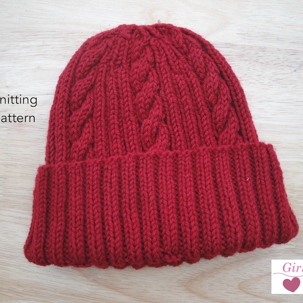 Classy Cable Hat PDF Knitting Pattern, Worsted Wool Yarn, Watch Cap Beanie, Adult & Teens, Unisex Hat Pattern