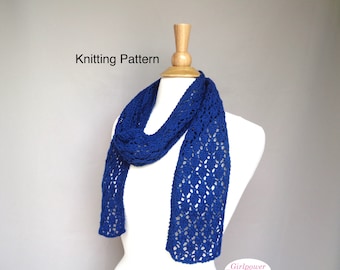 Diamond Lace Scarf Knitting Pattern, Easy Knit Lacy Design, DK Yarn, Summer Weight Rectangle Scarf, Floral Stars