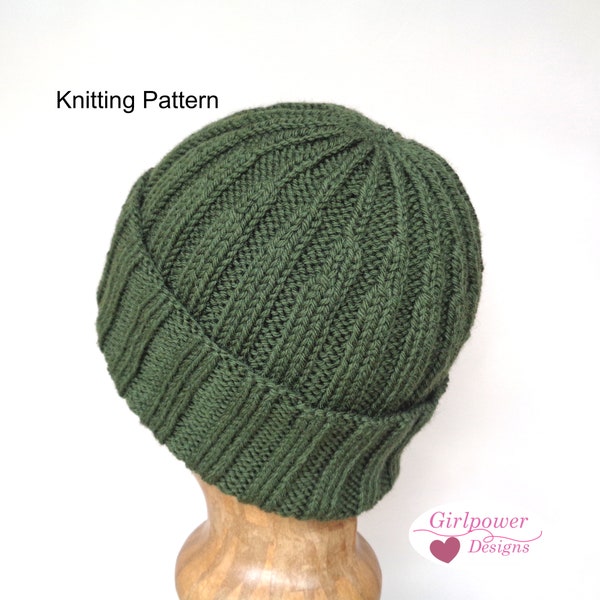 Ribbed Hat with Crown Detail Knitting Pattern, Worsted Yarn, Men Women Teen, Watch Cap, Beanie Hat