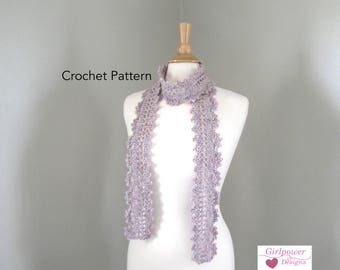 Lacy Scarf Crochet Pattern, Skinny Thin Scarf, Scallop Edge, Quick Crochet, One Skein Scarf, Worsted Yarn, Elegant Wrap Scarf