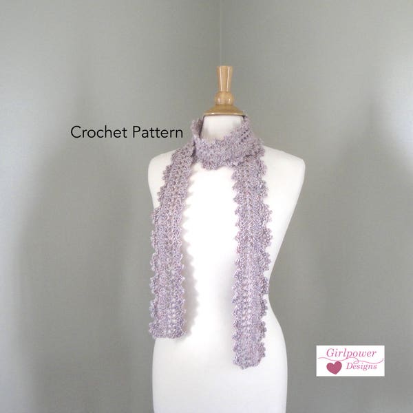 Lacy Scarf Crochet Pattern, Skinny Thin Scarf, Scallop Edge, Quick Crochet, One Skein Scarf, Worsted Yarn, Elegant Wrap Scarf