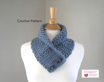 Button Cowl Scarf Easy Crochet Pattern, Neck Warmer Pattern, Shawl Collar Scarf, Lacy Mesh, Worsted Aran Yarn, Quick Crochet