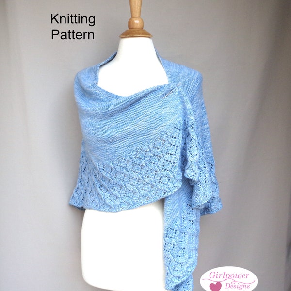 Triangle Shawl with Geometric Border Knitting Pattern, Top Down Stockinette, DK Weight Yarn, Ripple Lace
